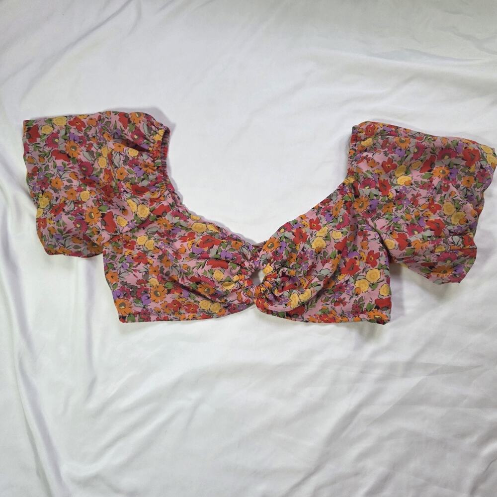 Wild Fable Pink Floral Lace Up Back Puff Sleeve Crop Top Blouse Womens Medium